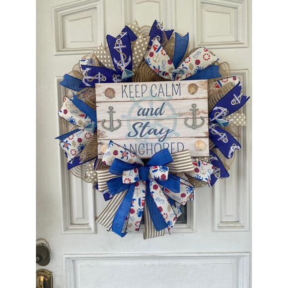 Nautical Wreath, “Keep Calm & Stay Anchored” Coastal Beach House Decor, Handmade - Picture 1 of 8